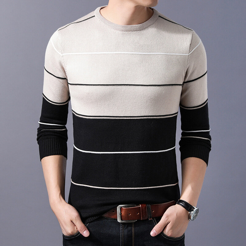 Suéter masculino de malha justo listrado, roupa masculina casual, pulôver plus size, moda coreana, outono
