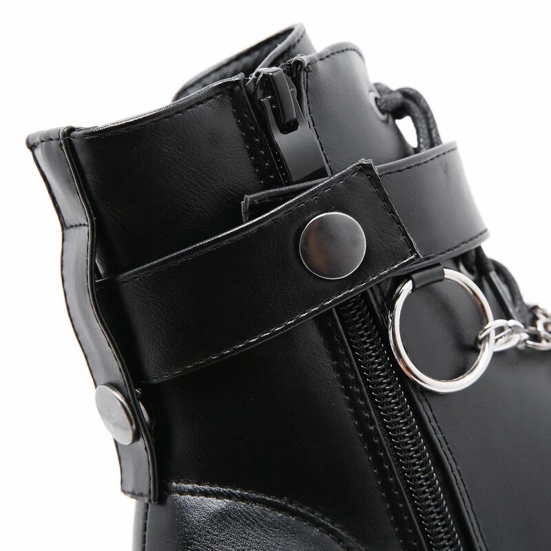 New Sexy Chain Women Leather Autumn Boots Block Heel Gothic Black Punk Style Platform Shoes Female Footwear High Quality