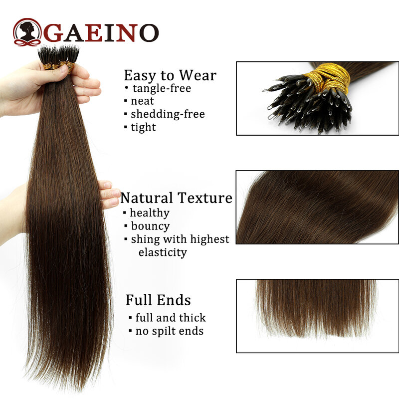 Extensiones de cabello humano con lazo de Micro cuentas, cabello Remy liso, Color marrón medio, 1g/hebra, 50 hebras, 16-22 pulgadas