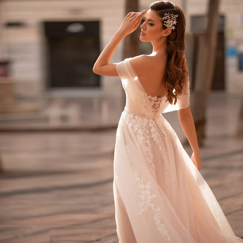 TIXLEAR-vestido de novia elegante de línea a, escote Corazón, hombros descubiertos, apliques de encaje, botón trasero, tul, largo hasta el suelo, nuevo