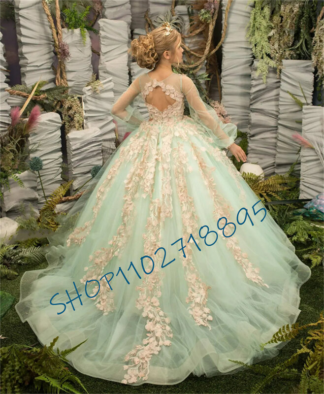Платье для девочки с цветочным принтом, зеленое пушистое платье из тюля, хрома, аппликация, элегантное платье для свадьбы с цветочным принтом, детское платье для первого эухаристического дня рождения