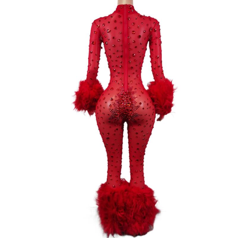 Glisten Crystal Red Jumpsuit Sexy Hairy Rhinestones Dress Women Outfit Nightclub Singer Costume Stage Dance DS Clothing Guibin