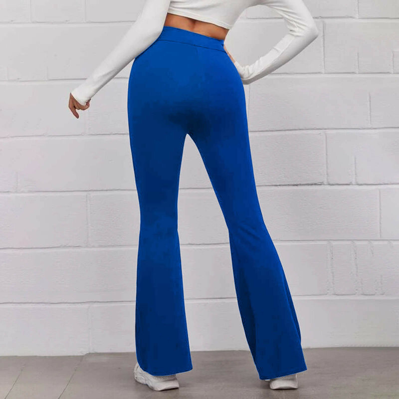 Celana panjang kasual wanita, celana panjang Yoga olahraga klakson kasual pinggang tinggi elastis sederhana warna polos untuk perempuan
