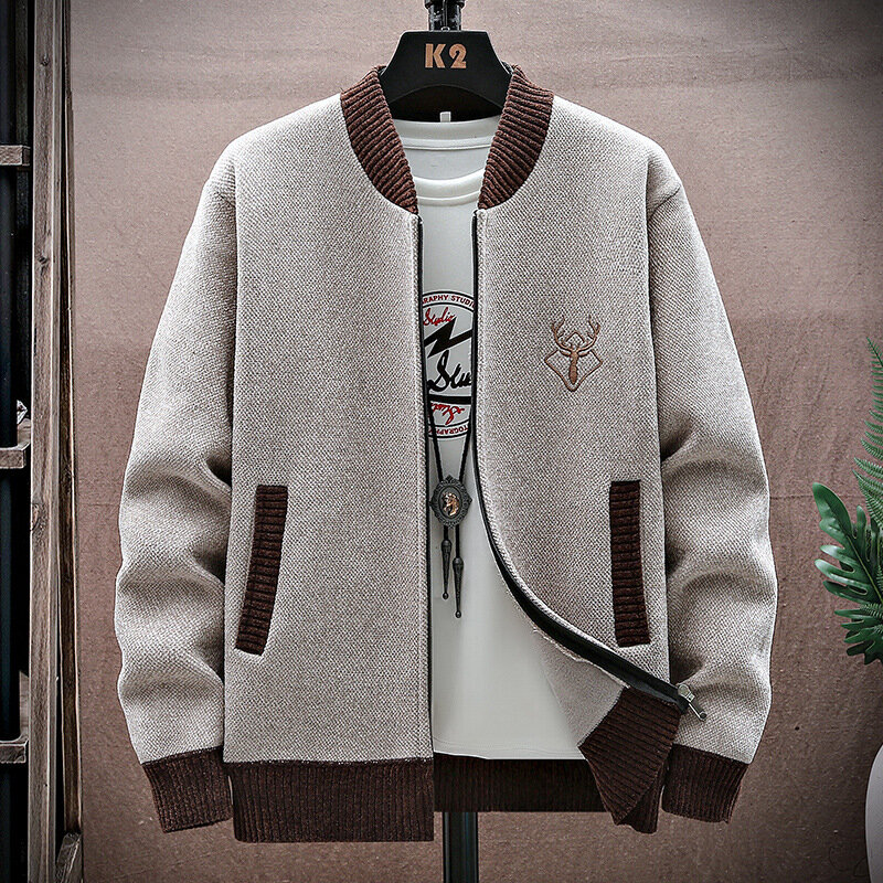 남성용 야구 칼라 플러시 가디건, 따뜻한 스웨터, 두꺼운 니트 코트, 가을 및 겨울 신상