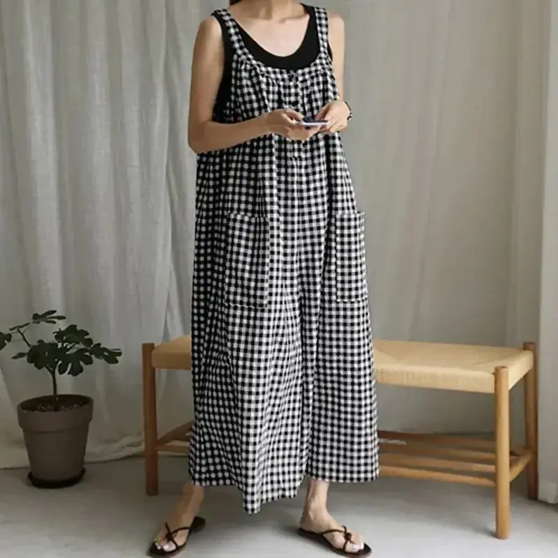 Macacão xadrez boêmio de verão feminino, calça larga vintage, calça casual sem mangas, macacão, moda, 2024