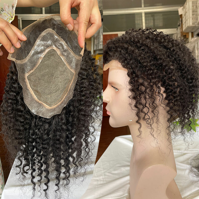 12-calowy tupecik dla mężczyzn Kinky Curly Human Hair Pieces Replacement Systems Swiss Lace Front Mono Lace Top Thicker PU Around 8x10 In