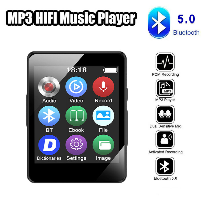 Leitor MP3 portátil com tela LED, Bluetooth 5.0, Speaker estéreo de música, Mini reprodução de vídeo MP4, Rádio FM, Gravação para Walkman