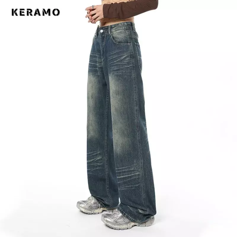 Jeans dritti blu stile High Street Vintage a gamba larga da donna pantaloni Casual a vita alta pantaloni larghi in Denim Y2K di moda coreana