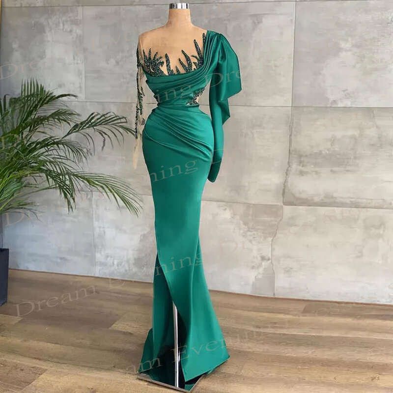 Graceful Green Sequined Evening Dresses Elegant Stain Long Sleeves Prom Gowns Sheer Neck Side Split Beaded Pleats Formal Party