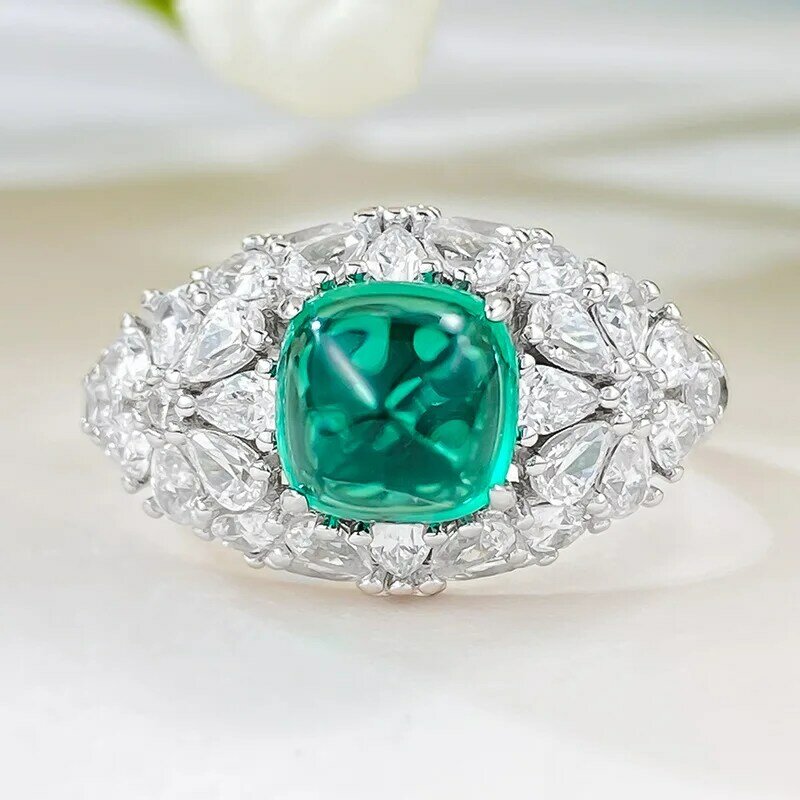 S925 Zilveren Ring Smaragd 7*7 Suiker Toren Ring Dagelijks Mode Rijke Vrouwen Ring