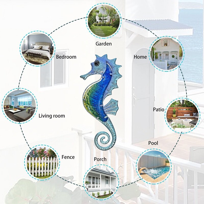 Dekorasi Dinding Kuda Laut Logam dengan Kaca Biru untuk Taman Rumah Luar Ruangan Hewan Jardin Miniatur Patung Patung