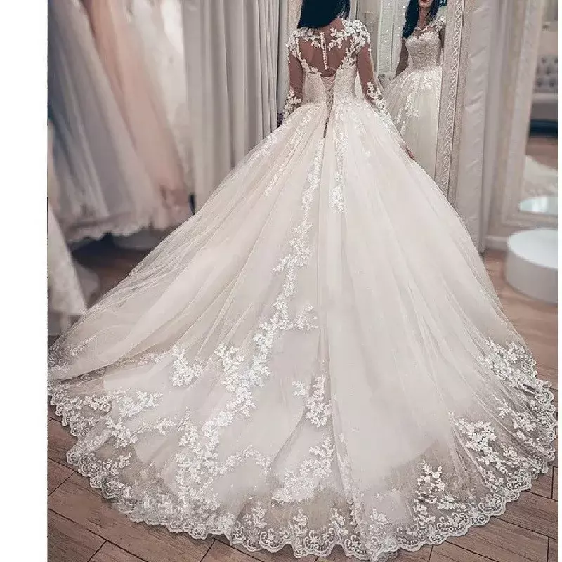 Gaun pengantin lengan panjang, gaun pengantin putri, gaun pengantin ukuran plus leher o, gaun pengantin pernikahan manik-manik renda