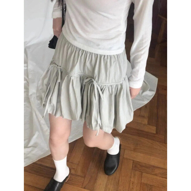 Korean Lace-up Pleated Mini Skirts Nylon Solid Ruffles Bowknot Short Dress Streetwear Loose A-line Skirts For Women 2024 Summer