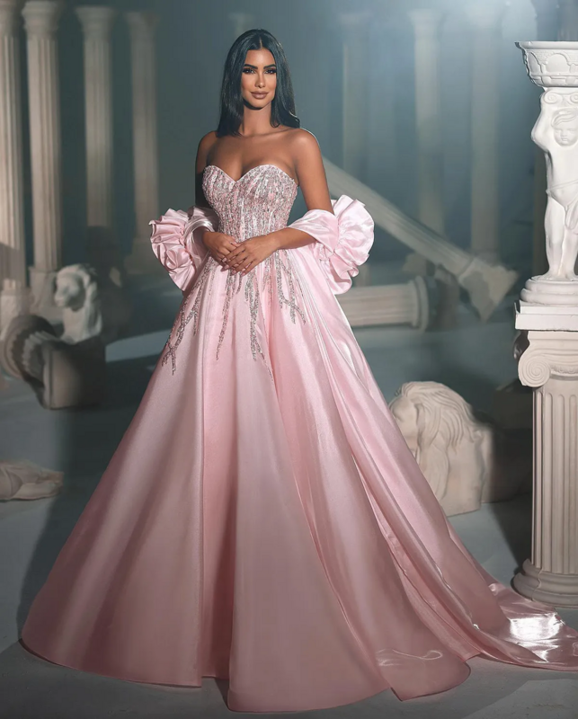 2024 różowe suknie ślubne bez ramiączek Mexico Princess A Line satynowe błyszczące cekiny suknie wieczorowe z nadgarstkiem staniki