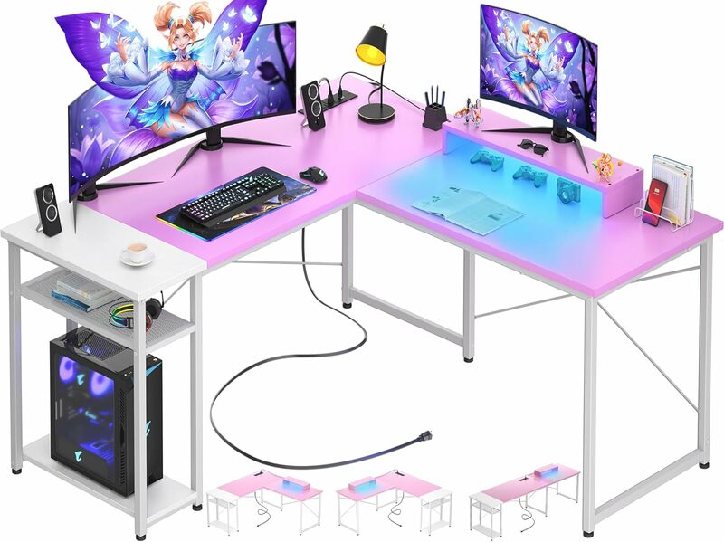 전원 콘센트 및 USB 포트가 있는 L자형 책상, LED 조명이 있는 가역 L자형 게임용 컴퓨터 책상, 83.5 인치 대형 2 인용 D
