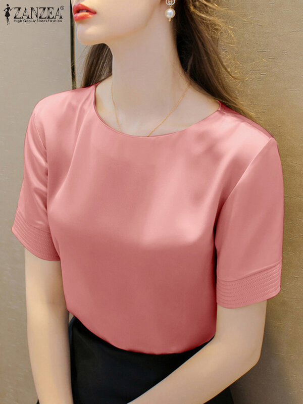 ZANZEA-Blusa de satén de manga corta para mujer, camisa elegante de estilo coreano, Color liso, para el trabajo, 2024