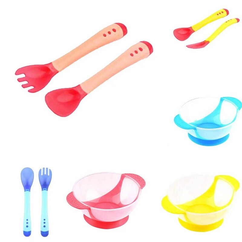 Utensilios de plástico para niños pequeños, cucharas, tenedores, tazón, herramienta de alimentación infantil, vajilla sensible al calor