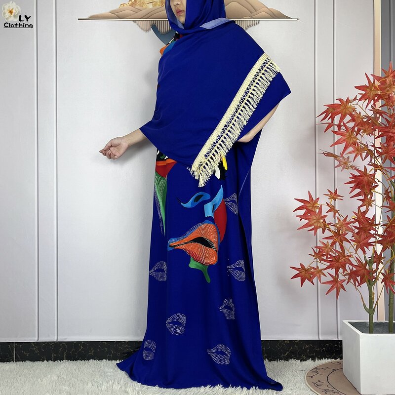 2024New Abaya luźna krótka rękaw z afrykański Dashiki wzorem z nadrukiem miękka bawełna kobieta elegancka sukienka Maxi Islam z duży szalik