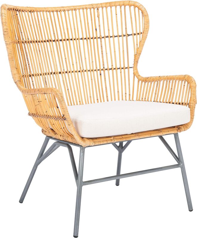 Safavieh Home Collection Krzesło z poduszką Lenu Rattan w kolorze białym, 0, naturalne/czarne