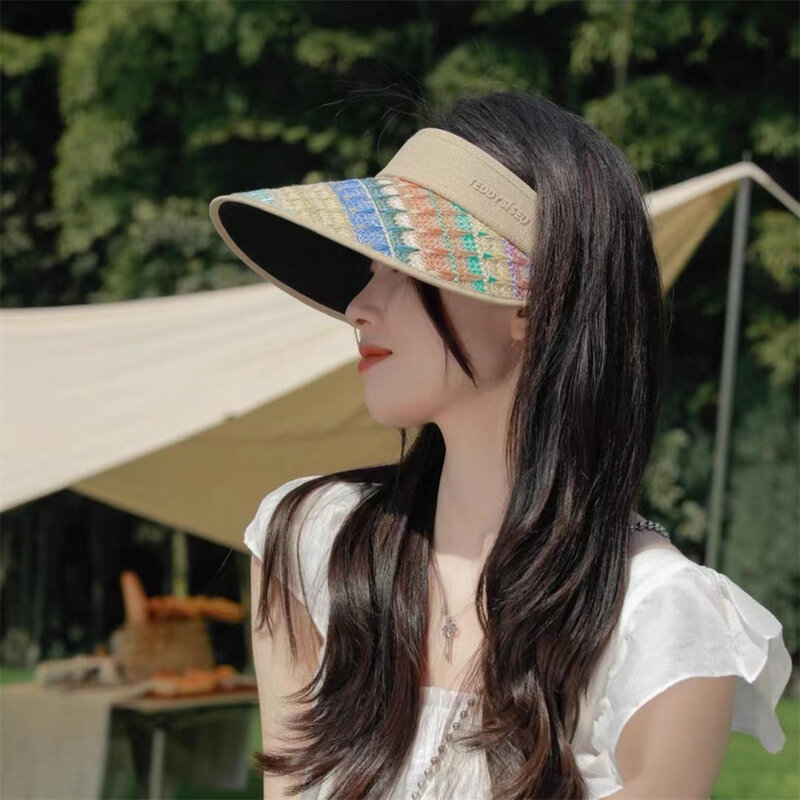 Topi matahari setrip pelangi musim panas, topi pelindung terik matahari luar ruangan Anti Uv kasual untuk wanita