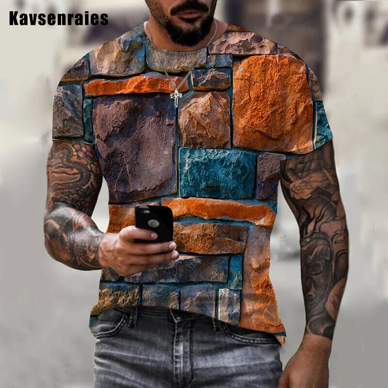 2022 Kaus Pria Kasual Dinding Bata Ukuran Besar Mode Warna-warni Batu Dinding Dicetak 3D Kaus untuk Pria Kualitas Tinggi Musim Panas