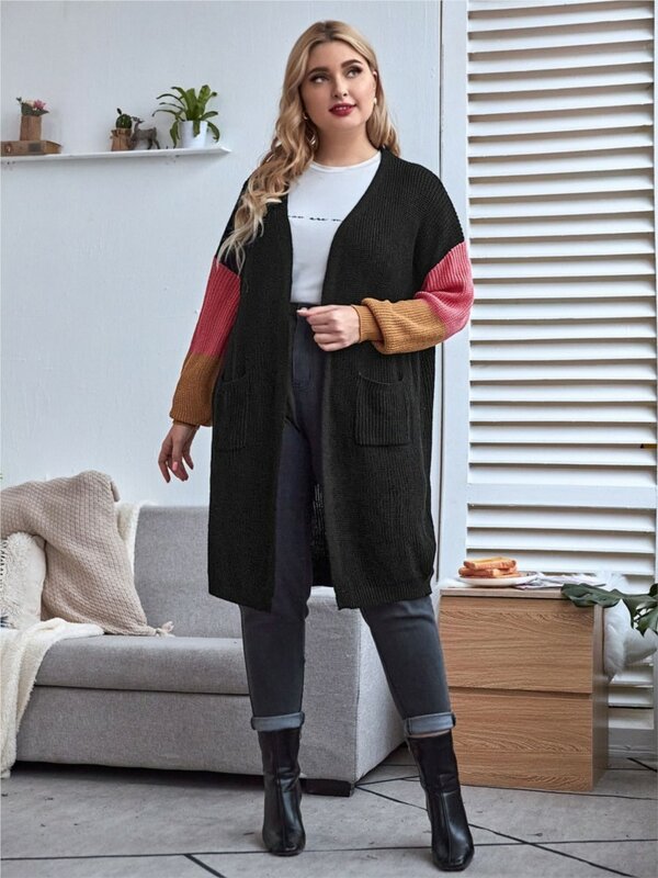 Plus Size Autumn Winter Midi Knitted Cardigan Women Colour Patchwork Fashion Ladies Cardigans Casual Woman Sweater Coats 2023