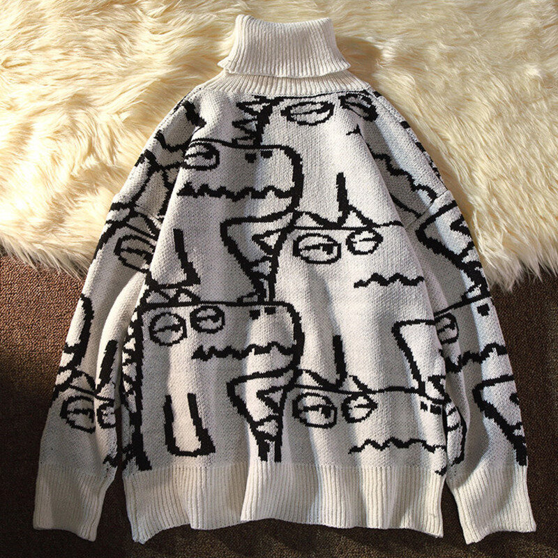 Jersey de cuello alto para hombre, suéter holgado de lana de punto coreano grueso, ropa Vintage, novedad de otoño e invierno, 2024
