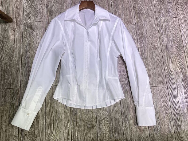 Blusa de manga comprida feminina, gola virada para baixo, fivela coberta, cintura fina, algodão, camisa branca