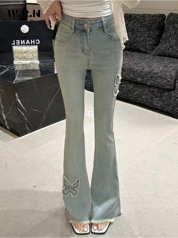 Women'sHarajuku Wide Leg High Waist Flared Jeans Female Y2K Pants 2024 Spring Vintage Slim Butterfly Printting Denim Trouser