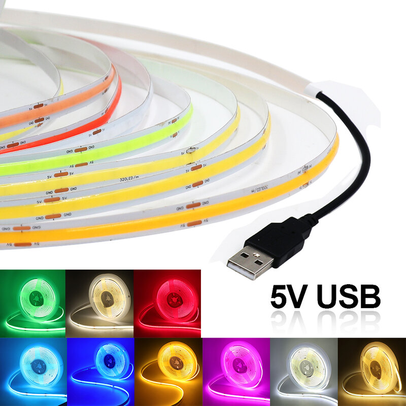 Flexível COB LED Strip Lights para TV Backlight, Ribbon Rope, Night Lamp, branco, gelo, azul, rosa, amarelo, rosa, vermelho, USB, DC 5V, 320Leds/m