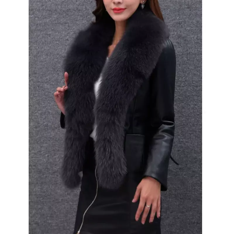 Jaqueta de gola de pele sintética feminina, elegante jaqueta com renda para senhoras, costura monocromática, moda, outono e inverno