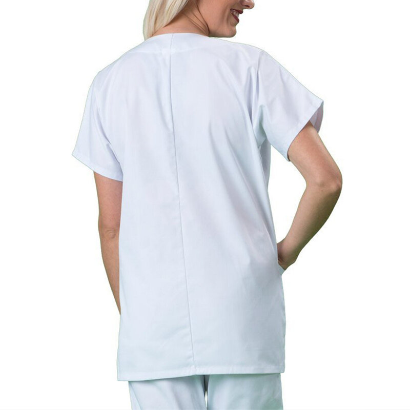 Women Work Uniform Ladies Man Collarless Short Sleeve Medical Dress Hospital Lab Coat Workwear Tops Loose Working Clothes