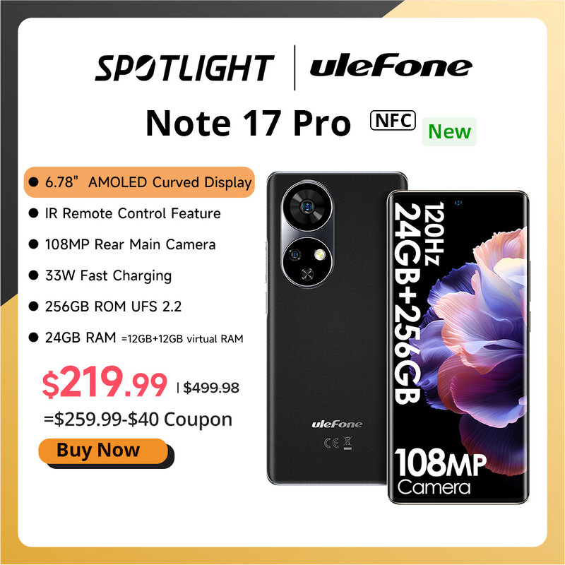 Ulefone-Note 17 Pro Smartphone, Tela Curva, Câmera MTK Helio G99108MP, 5050mAh, AMOLED 120HZ, 24GB + 256GB, 6,78 '', Versão Global, Novo, 2024