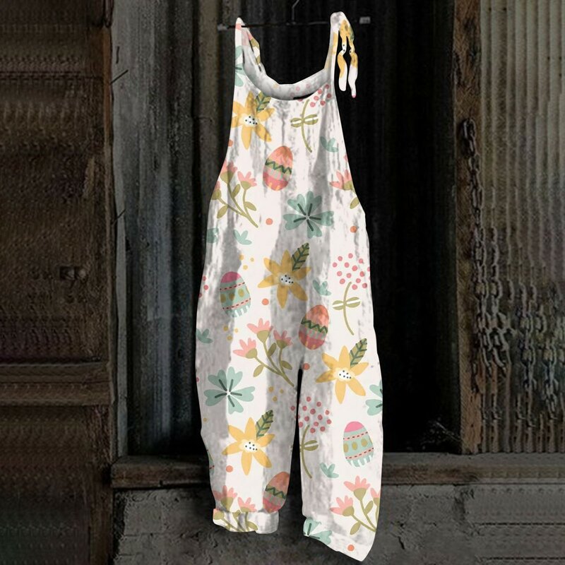 Jumpsuit Loose Sleeveless Strappy Jumpsuits Vintage Ethnic Style Women Floral Print Rompers Jumpsuit Easter Bunny Casual Macacão