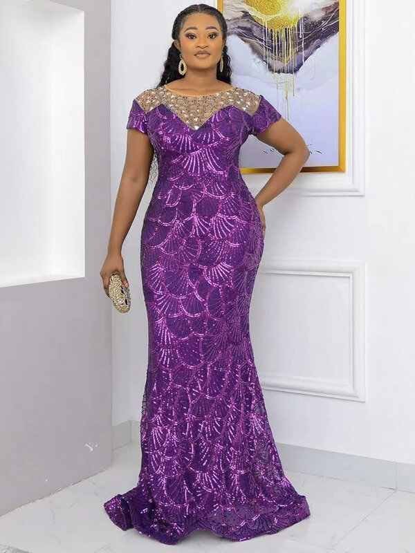 African Round Neck Socialite Private Dress Lace Patchwork Women's Plus-size Dress Son S9273