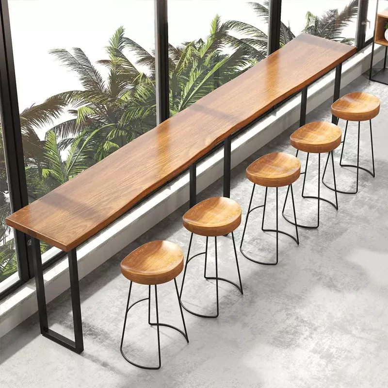 EE1001-Mesa de hierro forjado informal de madera maciza, mesa alta para cafetería, ventana, balcón, mesa larga y sillas