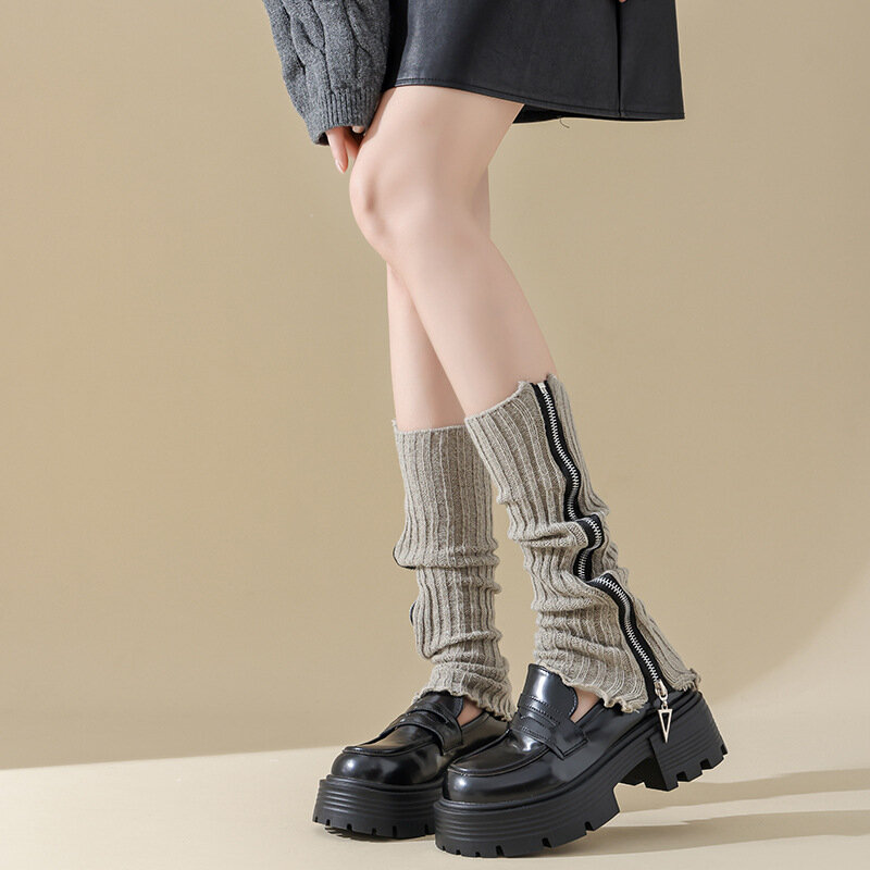 Female Leg Warmers Side Zipper Foot Cover Boot Sock Ribbed Knitted Y2k Gothic Punk Solid Color Women Student Knee High Long Sock
