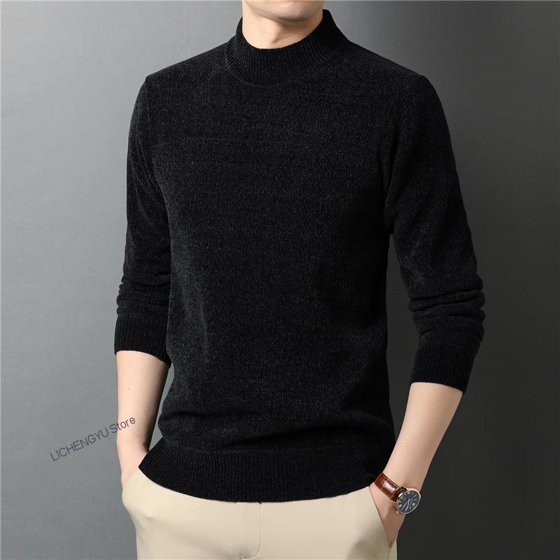 2022 Winter Men Fleece Warm Half Turtleneck Sweater Fashion Casual Thick Chenille Fabric Pullover Male Brand Clothes