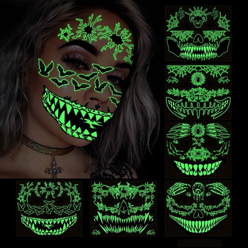 Mouth Halloween Luminous Tattoo Sticker Glowing Cobwebs Scar Water Transfer Stickers Ghost Scary Body Art Decals Party
