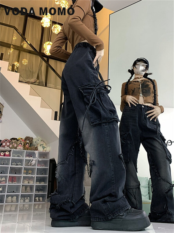 Джинсы-карго женские с завышенной талией, модные мешковатые брюки-багги в стиле ретро, базовые штаны из денима в стиле Харадзюку, дизайнерские, Y2k, весна-лето