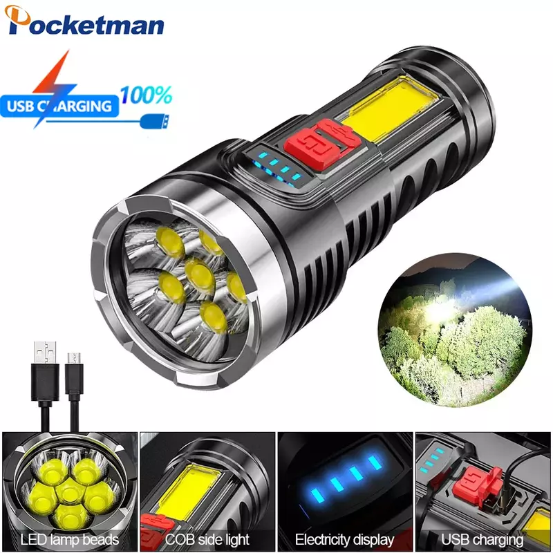 Super Bright 6 LED Flashlight Outdoor Waterproof Torch USB Rechargeable Flashlights for Camping Cycling Fishing Hunting