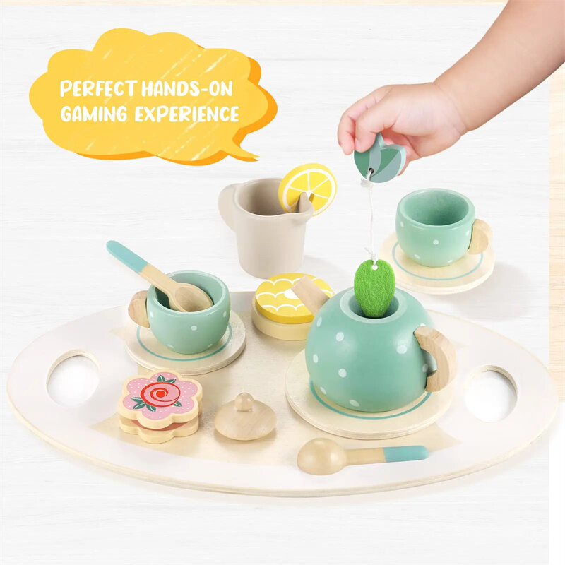 Wooden Afternoon Tea Set Toys for Girls Boys Toddlers Food Pretend Play Toys Simulation Kitchen Wood Tea Cup Set Toys for Kids
