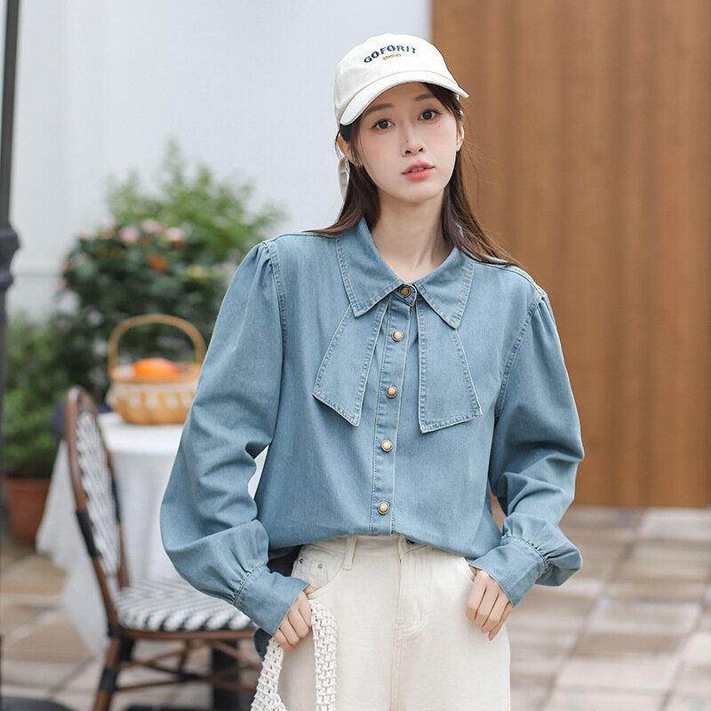 2024 autunno inverno Denim camicie da donna fiocchi dolce solido Jeans coreani Top Fashion Basics camicette elegante Casual sciolto Blusas Mujer