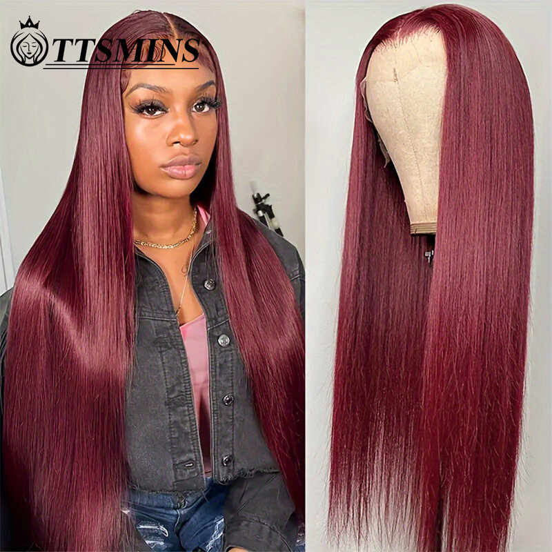 34Inch Bone Straight 99J Red 13x4 Lace Front Human Hair Wigs Burgundy Colored Transparent Lace Frontal Closure Wigs For Women