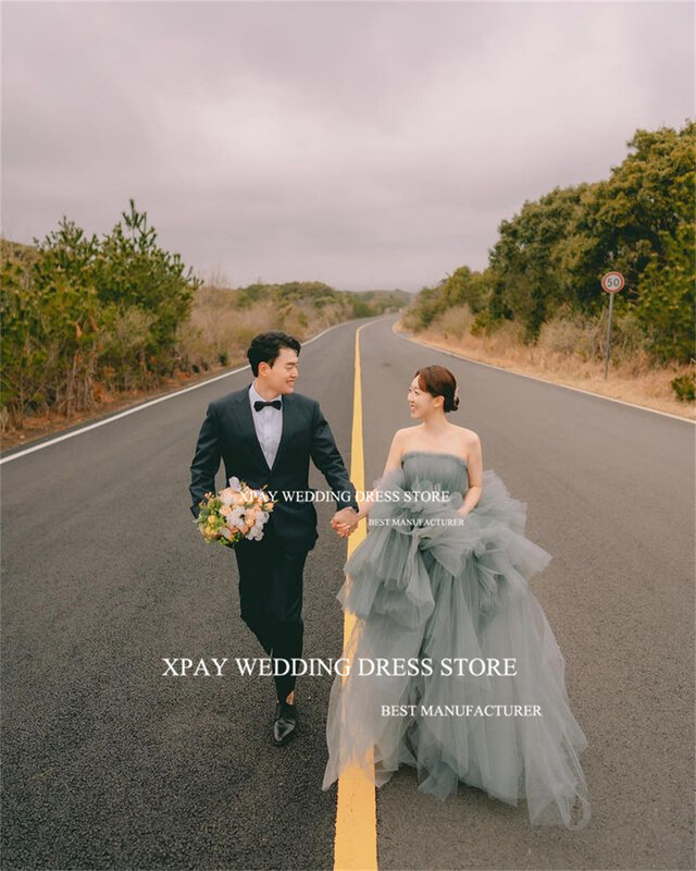XPAY abiti da sera grigi polverosi senza spalline servizio fotografico di nozze coreano abito da ballo a strati corsetto personalizzato abito da ballo di compleanno