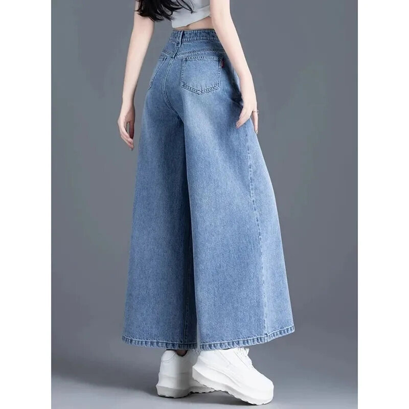 سراويل جينز نسائية بأرجل واسعة ، جينز نسائي ، خصر عالٍ ، نسخة كورية ، تنورة رعاة البقر للإناث ، إحساس بالتصميم ، الربيع ، أزياء الصيف