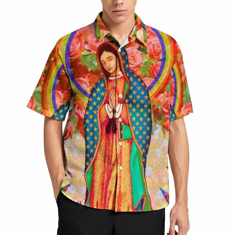 Mary God Jesus Hawalian 남성용 반팔 셔츠, 해변 버진 캐주얼 레인보우 꽃무늬, 세련된 특대 기독교 세일