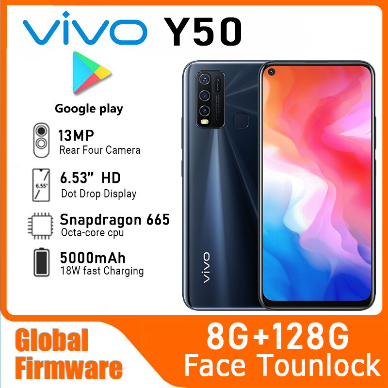 Global firmware  Vivo Y50 mobile phone Snapdragon 665 Octa Core 6.53" 5000mAh 18W 16.0MP Cameras Dash Charge 8GB RAM 128GB ROM