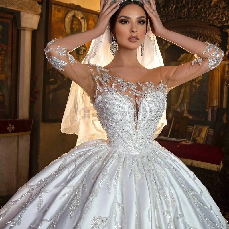 Vestido De Novia Retro con apliques De satén, vestidos De Novia con cuentas, escote Corazón, Mangas De ilusión, cordones, princesa nupcial, hecho a medida