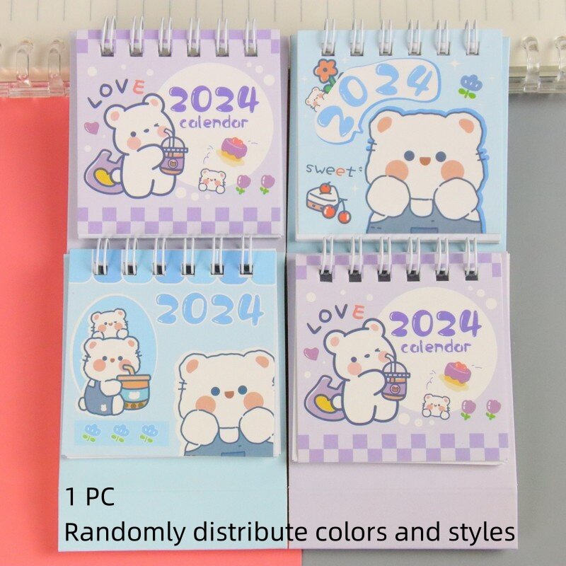 2024 Mini Desktop Calendar Cute Cartoon Astronauts Bears Rabbits Desktop Note Multi Style Coil Calendar Office School Supplies